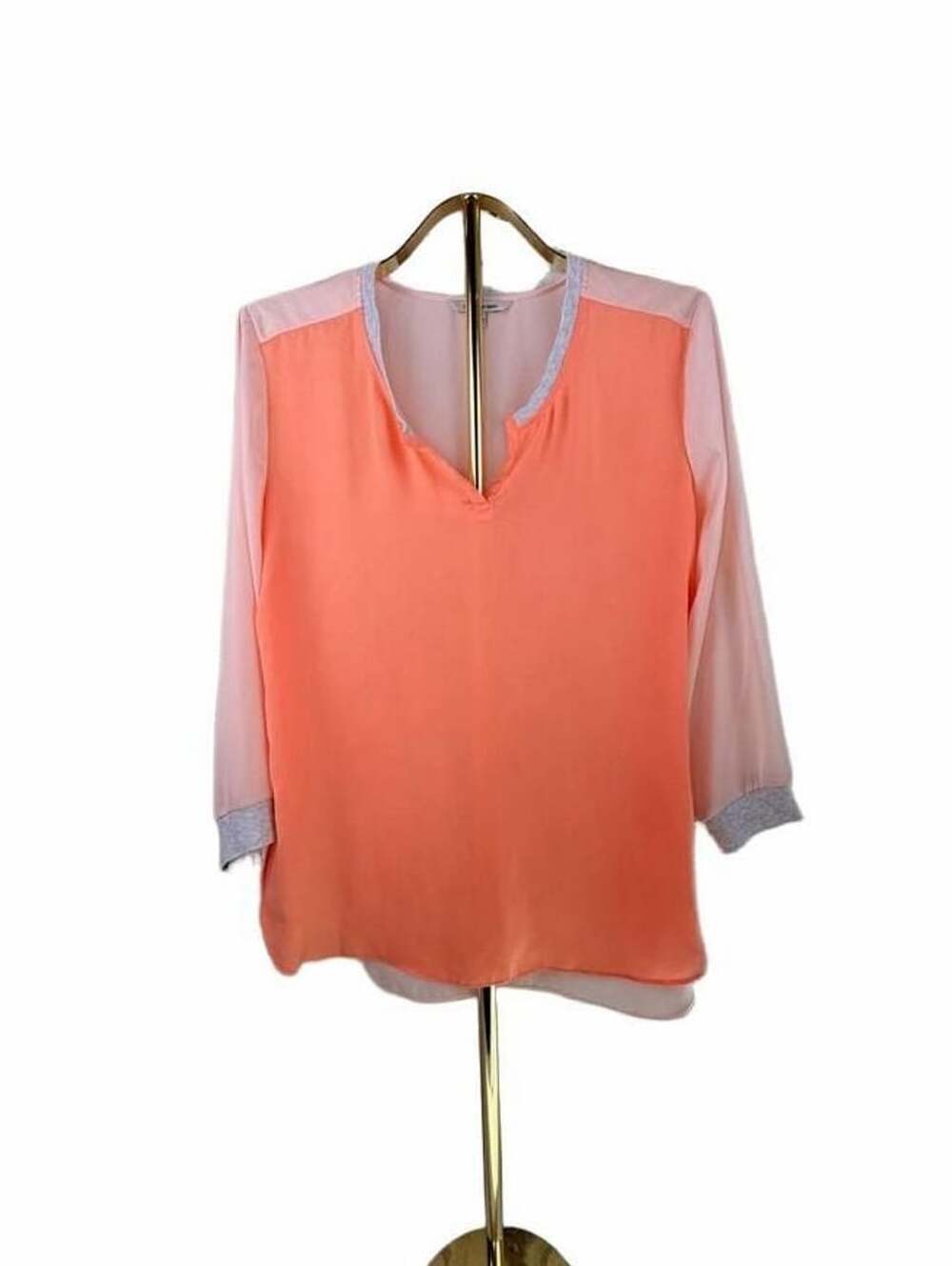 Calvin Klein Jeans Blouse Size L Peach Coral Sheer 3/4 Sleeve Top